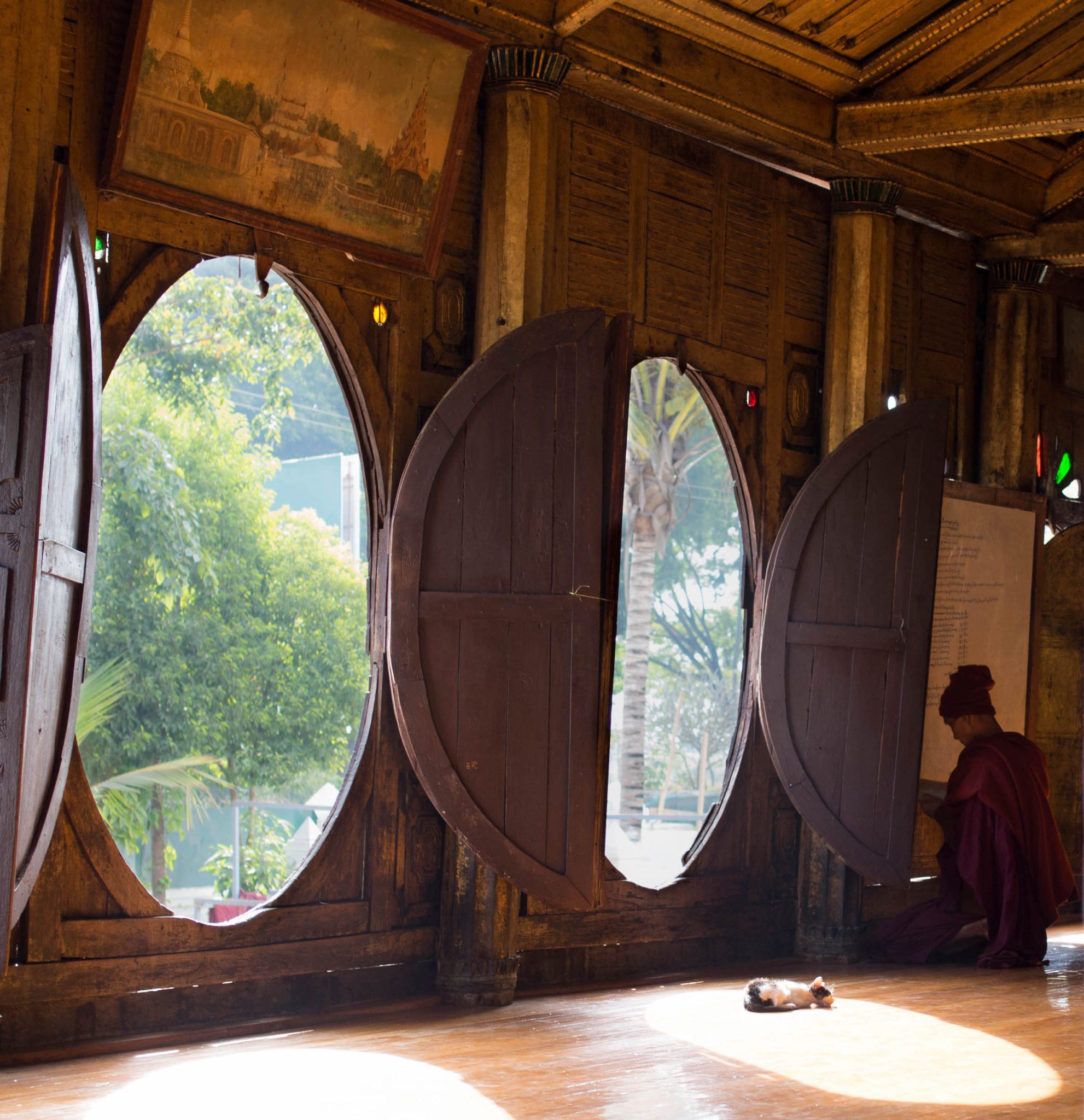 The Monk and the Kitten at the wooden Temple near Inle Lake